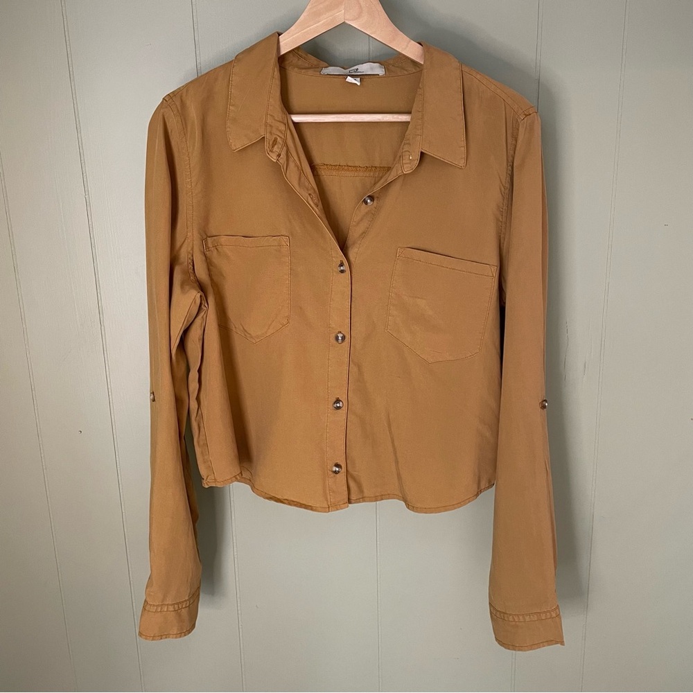 Thread & Supply Collared Cropped Button Down Long Sleeve Mustard Shirt
